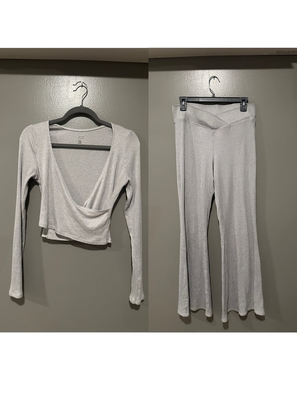 Gilly Hicks x Hollister Light Gray Ribbed Wrap Crop Top & Flare Pants Set